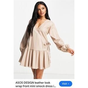 Asos Faux‎ Leather Beige Wrap Mini Smock Dress Size 6